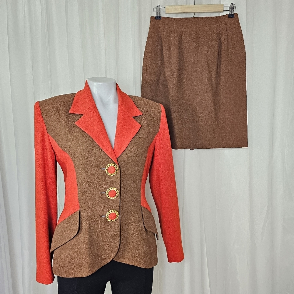 Vintage Teri Jon 100% Wool Brown and Orange Blazer Skirt Set Gold Button Size 6